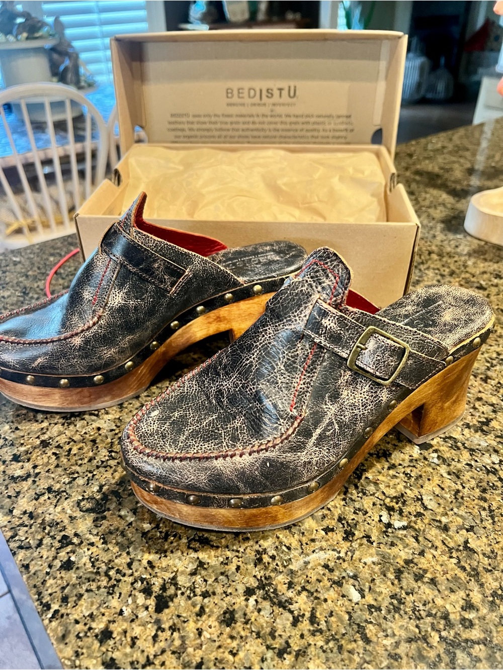 BED|STU Black Distressed Leather Clog Mules with Wood Platform and Buckle - Picture 3 of 5